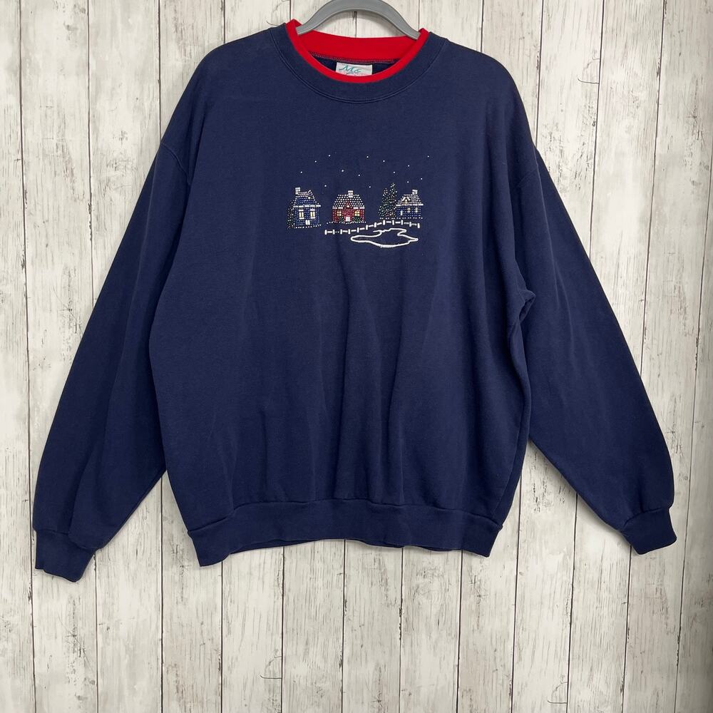 Vintage MC Sportswear Beaded Winter Holiday Blue Red Crew Neck Pullover Sweater